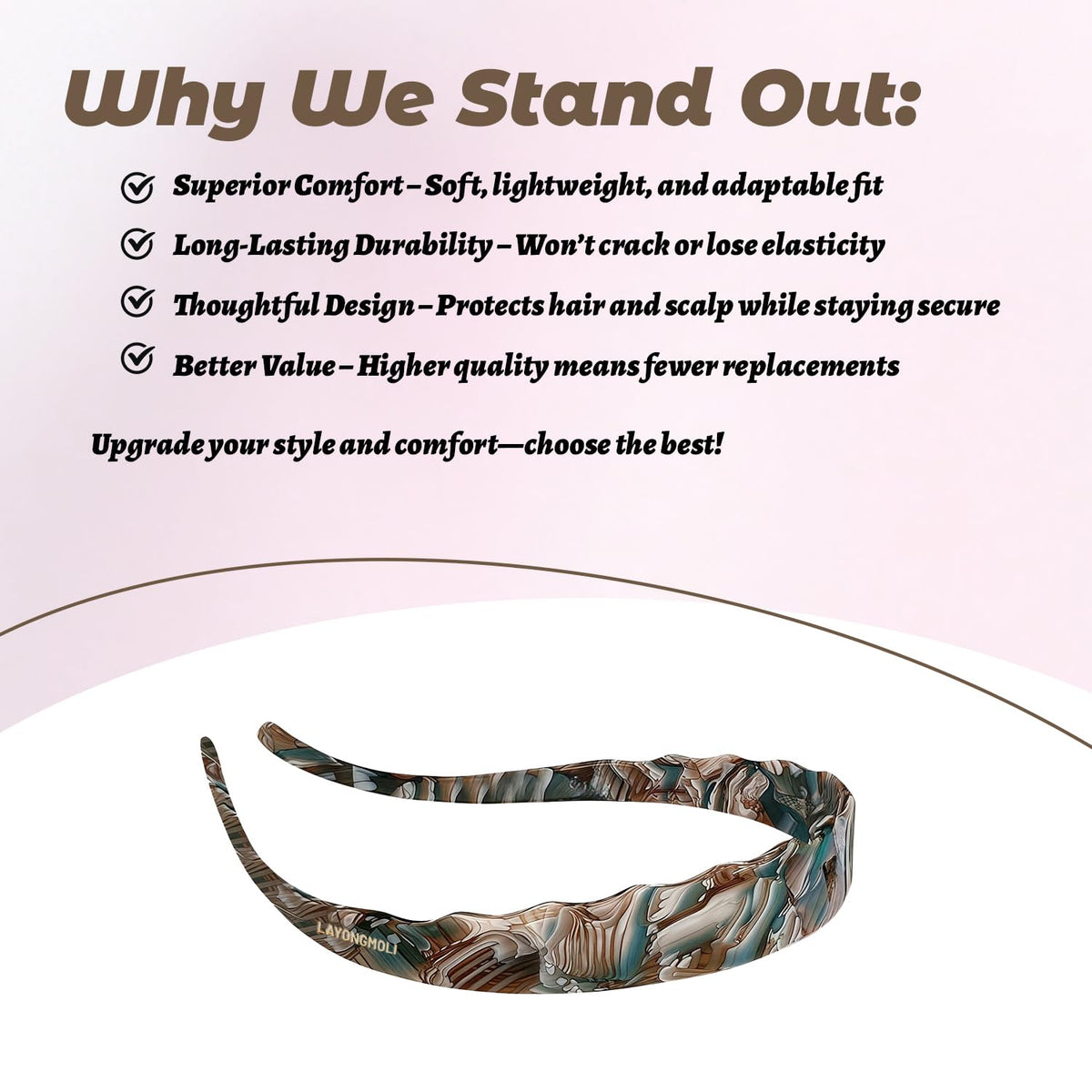 LAYONGMOLI care guide and pouch for headband storage and longevity.