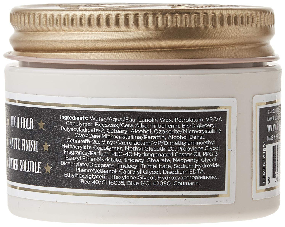 Layrite Deluxe Cement Hair Clay jar close-up highlighting clean texture and no flaking