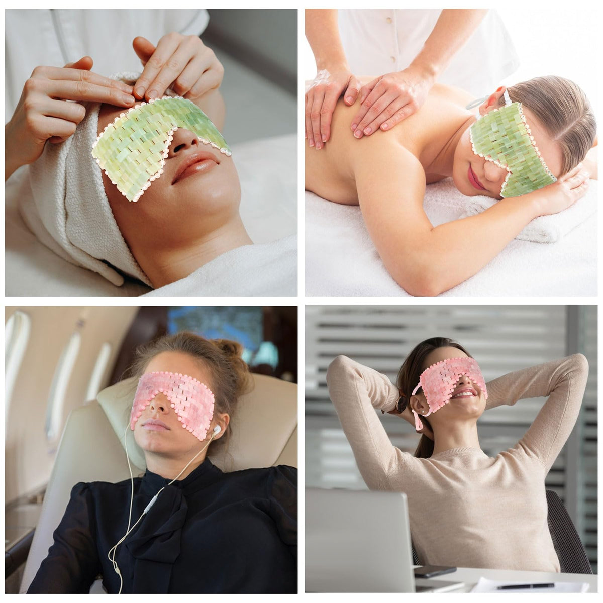 LazyGa Rose Quartz mask in use for warming therapy and stress relief around the eyes.