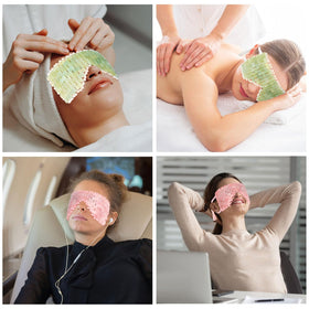 LazyGa Rose Quartz mask in use for warming therapy and stress relief around the eyes.