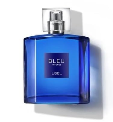 L'Bel Bleu Intense bottle showcases premium masculine fragrance.