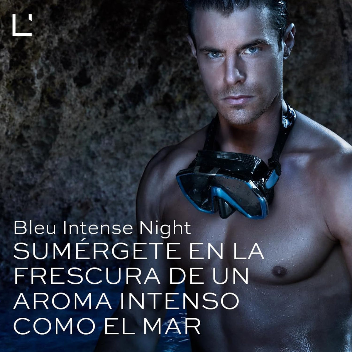 L'Bel Bleu Intense Night aquatic note close-up showcasing fresh energy for night-time vitality.