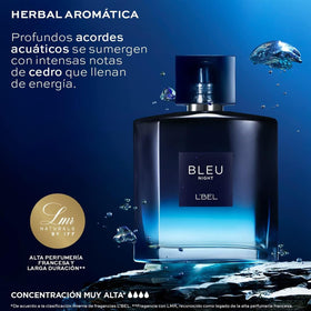 L'Bel Bleu Intense Night packaging on dark background signaling premium gift-worthy presentation.