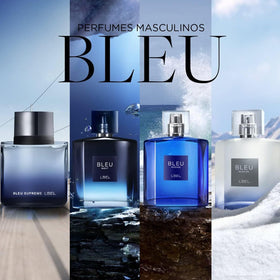 L'Bel Bleu Intense Night bottle against sea backdrop evokes ocean-inspired mood.