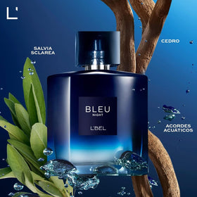 L'Bel Bleu Intense Night bottle beside city lights for modern nocturnal outings.