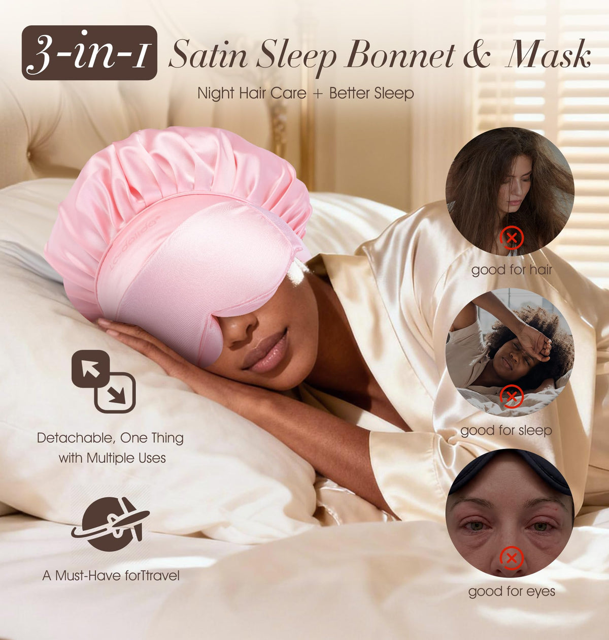 LC-dolida 2in1 silk bonnet with eye mask offers secure, comfortable sleep.