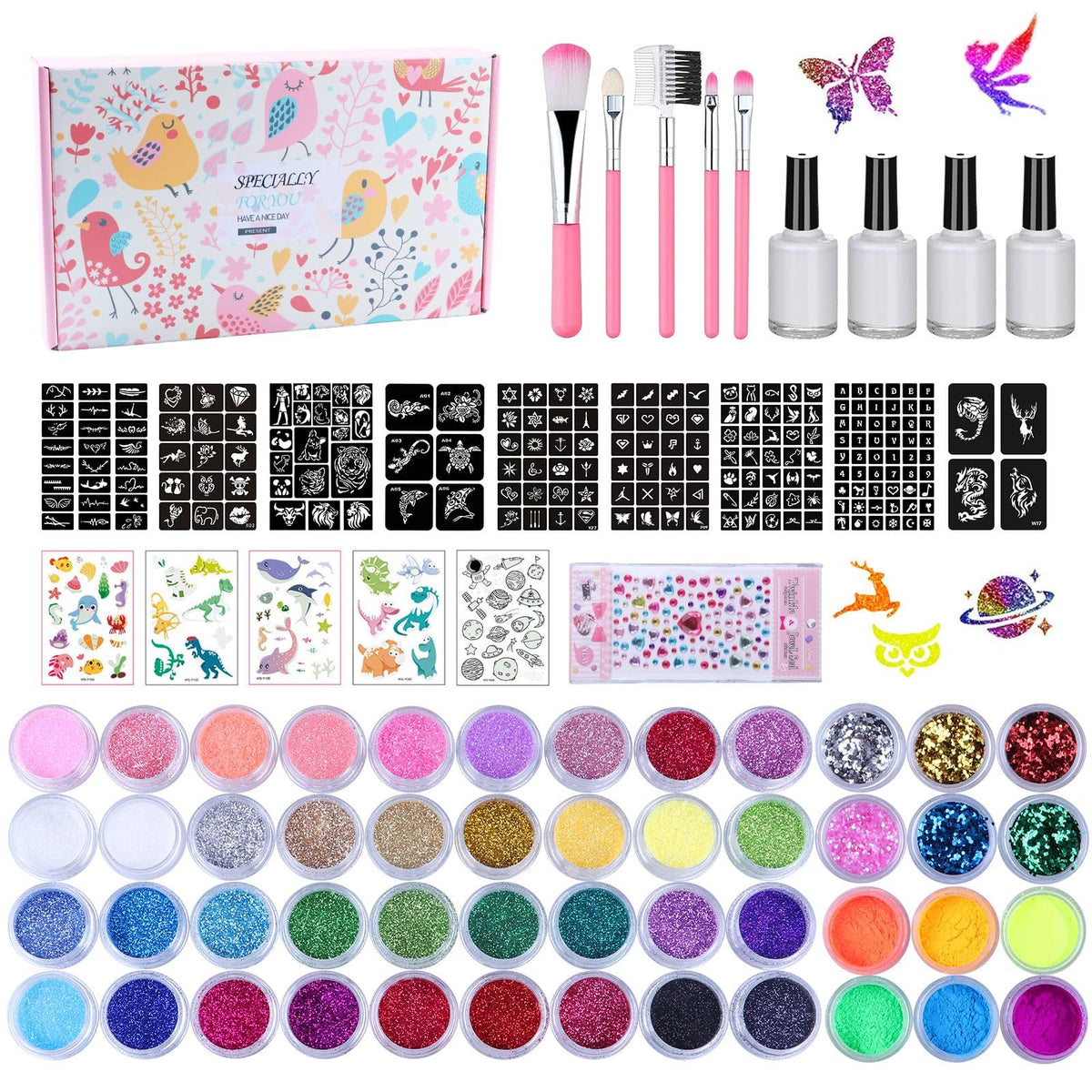 LCDGTJ glitter tattoo kit packaging shows contents; ideal for fast party prep.