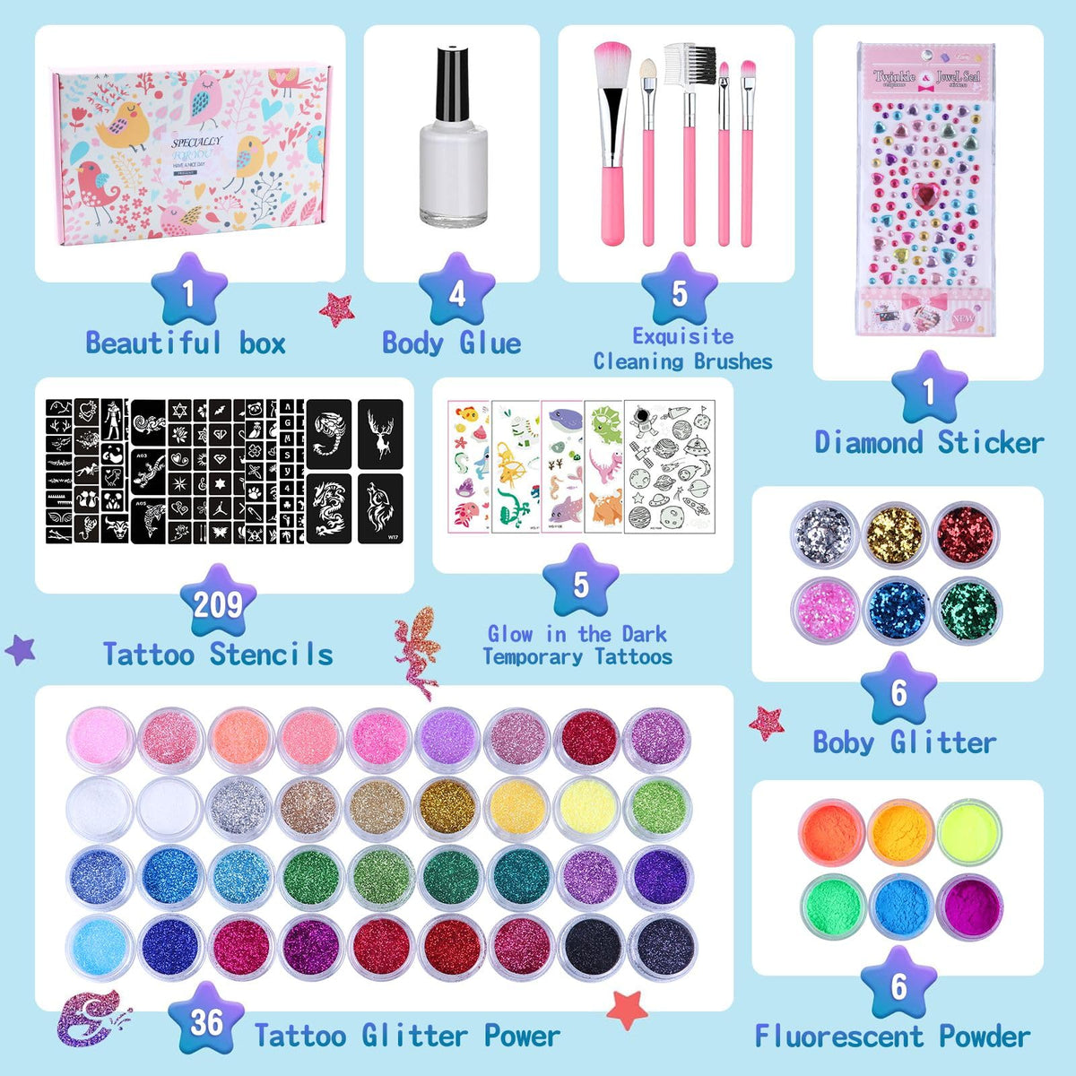 LCDGTJ four skin-safe glues secure long-lasting glitter tattoos.