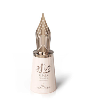 Close-up of Risala Forever label reveals vanilla-coconut warmth.