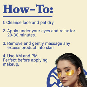 Gold eye patches resting on skin during morning routine for soothing hydration.