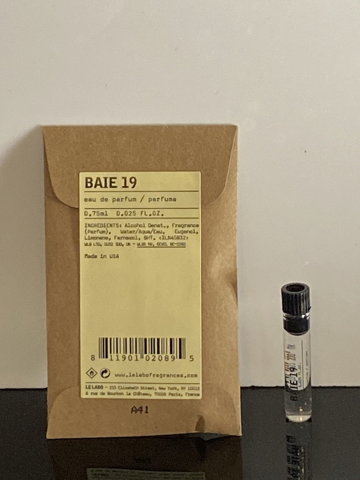 Le Labo Baie 19 sample being spritzed for quick test