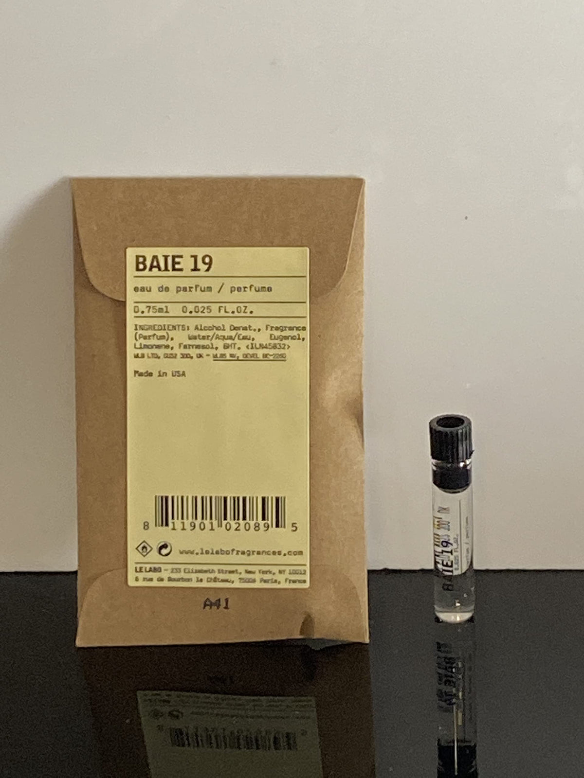 Le Labo Baie 19 sample bottle front view for travel scouting