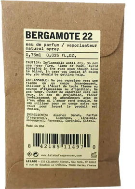 Le Labo Bergamot 22 travel packaging showing compact design for on-the-go sampling.