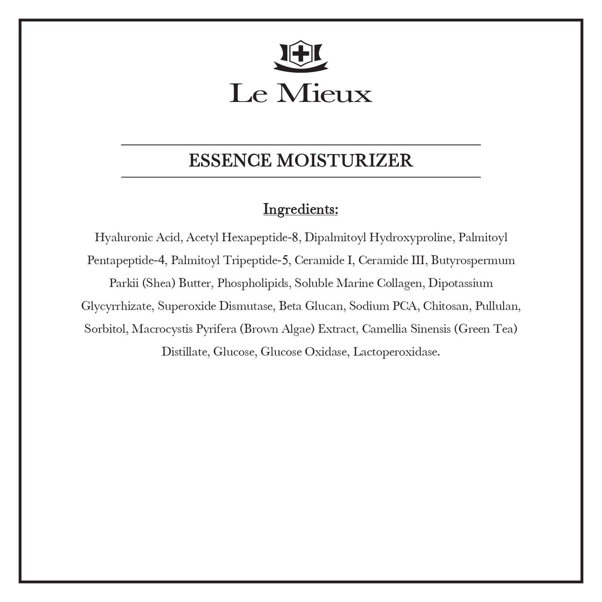 Le Mieux Essence Moisturizer ingredients highlight with peptides and antioxidants.