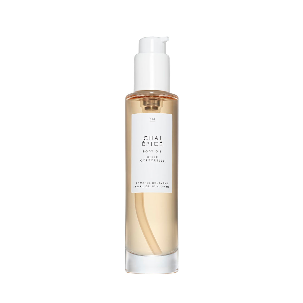 Le Monde Gourmand Spiced Chai body oil bottle for daily pampering.