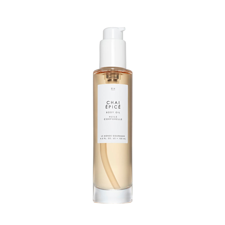 Le Monde Gourmand Spiced Chai body oil bottle for daily pampering.