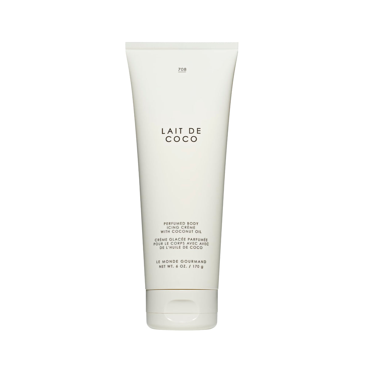 Le Monde Gourmand Lait de Coco icing bottle closeup, creamy coconut richness for hydrated skin.