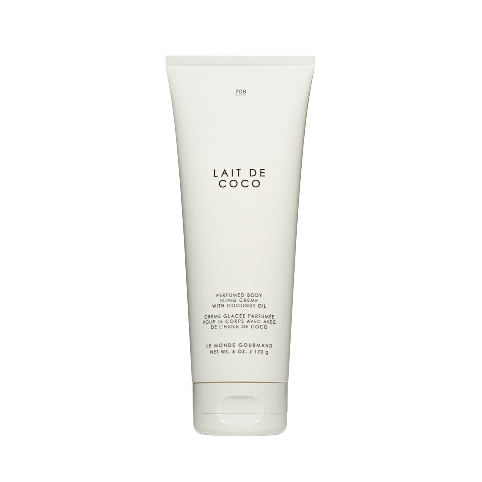 Le Monde Gourmand Lait de Coco icing bottle closeup, creamy coconut richness for hydrated skin.
