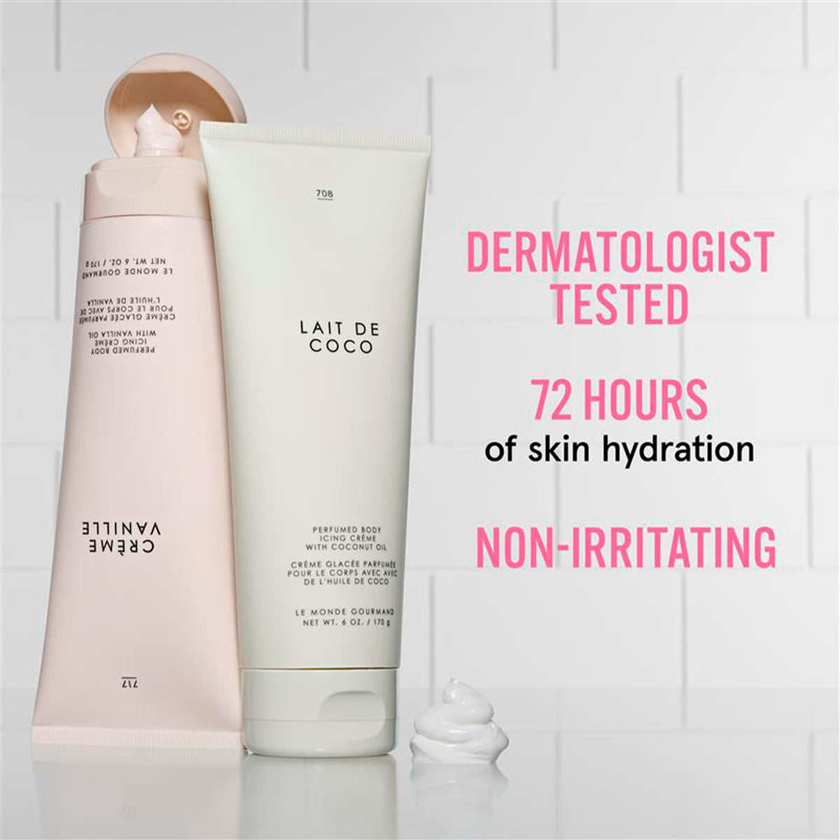 Le Monde Gourmand Creme Vanille Body Icing hydrates dry skin during daily routine.