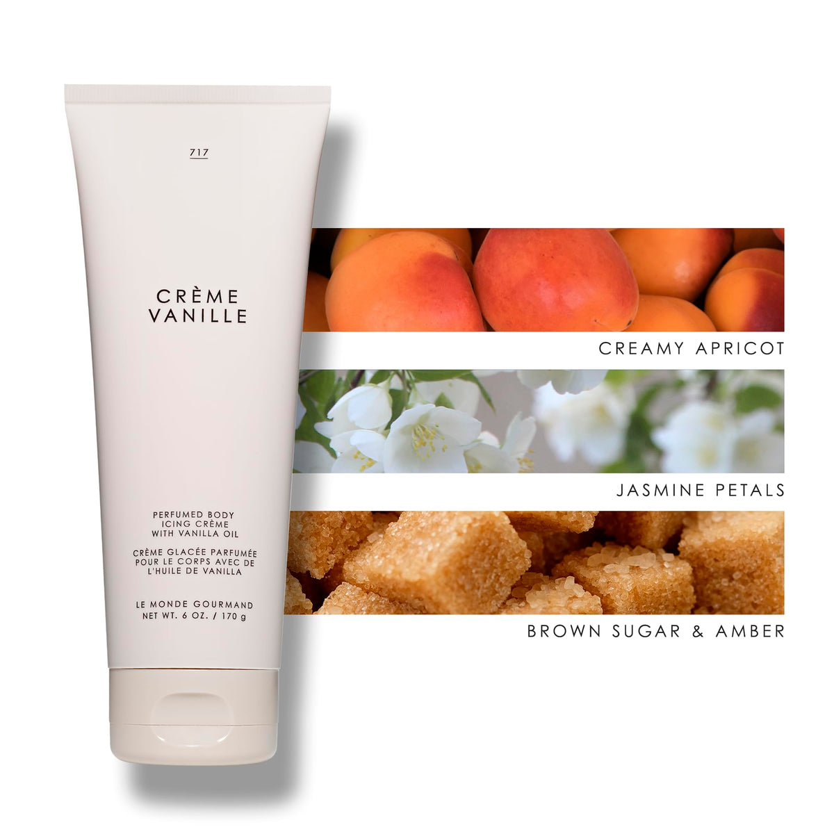 Le Monde Gourmand Creme Vanille Body Icing top notes with apricot and pear.