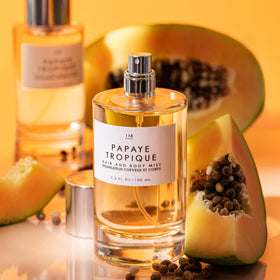 Body mist on skin from Le Monde Gourmand Papaya Tropique for a light, airy feel.