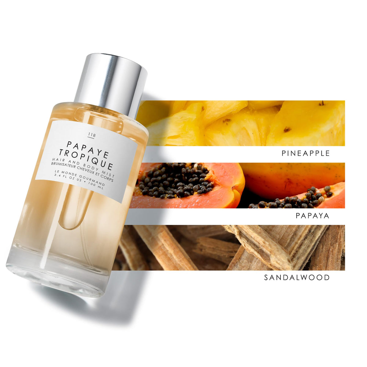 Close-up of Le Monde Gourmand Papaya Tropique label showing vegan, cruelty-free promise.