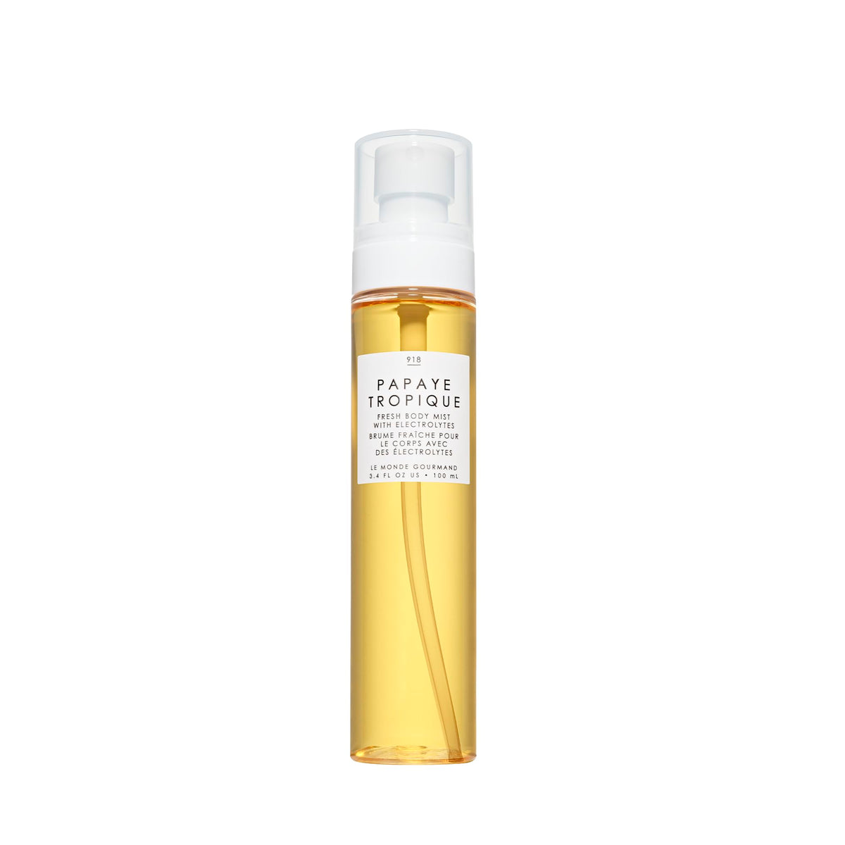 Le Monde Gourmand Papaye Tropique Fresh Mist bottle cap showcases tropical vibes for on-the-go freshness.