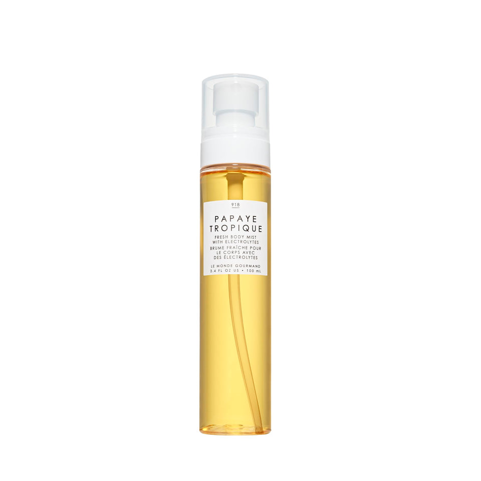 Le Monde Gourmand Papaye Tropique Fresh Mist bottle cap showcases tropical vibes for on-the-go freshness.