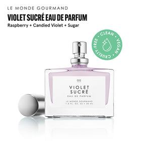 Le Monde Gourmand Violet Sucré bottle closeup highlighting chic design and shimmer.