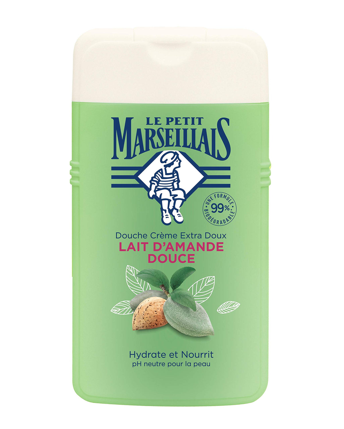 Le Petit Marseillais Almond Shower Gel bottle 250 ml on a shelf, ideal for daily cleansing.