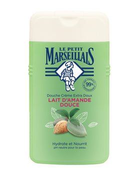 Le Petit Marseillais Almond Shower Gel bottle 250 ml on a shelf, ideal for daily cleansing.