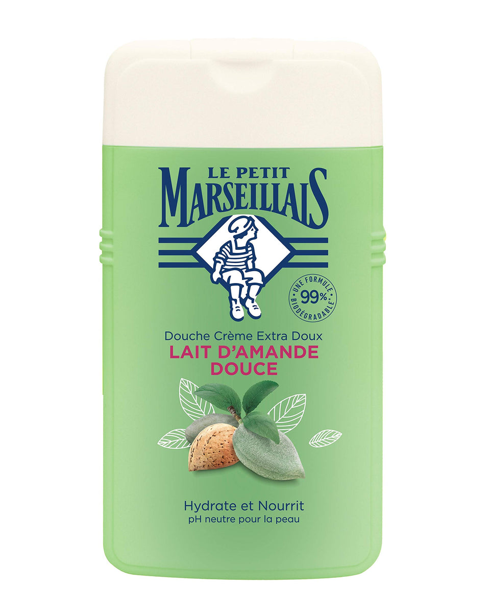 Le Petit Marseillais Almond Shower Gel bottle 250 ml on a shelf, ideal for daily cleansing.