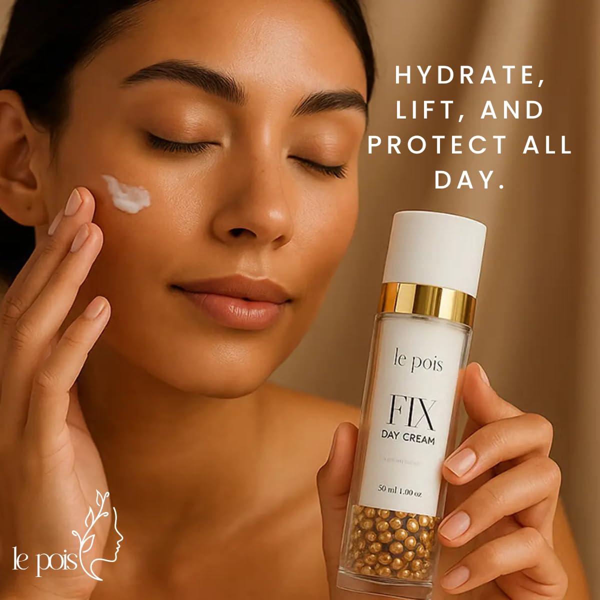 Morning skincare setup featuring Le Pois FIX Day Cream for daily hydration.