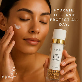 Morning skincare setup featuring Le Pois FIX Day Cream for daily hydration.