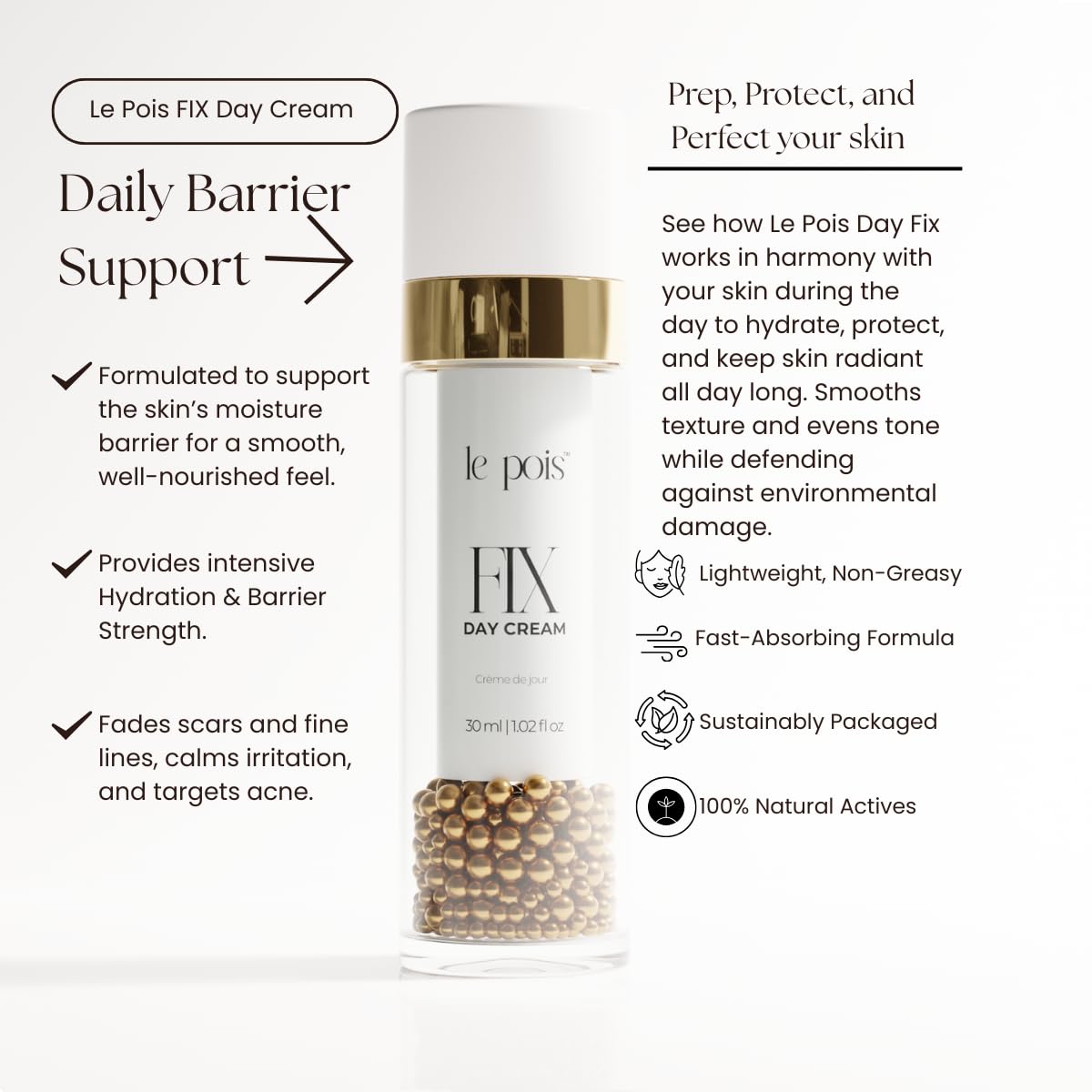 Close-up of smooth skin after applying Le Pois FIX Day Cream.