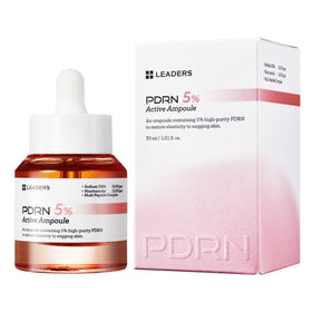 LEADERS PDRN 5% ampoule bottle close-up highlighting elasticity support.