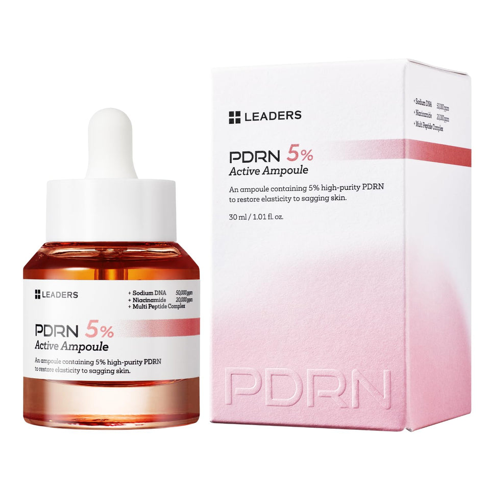 LEADERS PDRN 5% ampoule bottle close-up highlighting elasticity support.