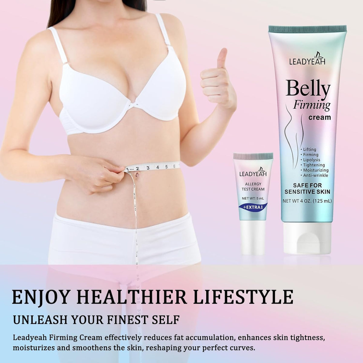 Leadyeah B Flat Belly Firming Cream massaged on thighs showing non-greasy absorption
