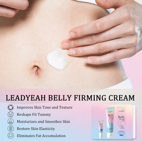 Leadyeah B Flat Belly Firming Cream on bathroom shelf with spa ambiance