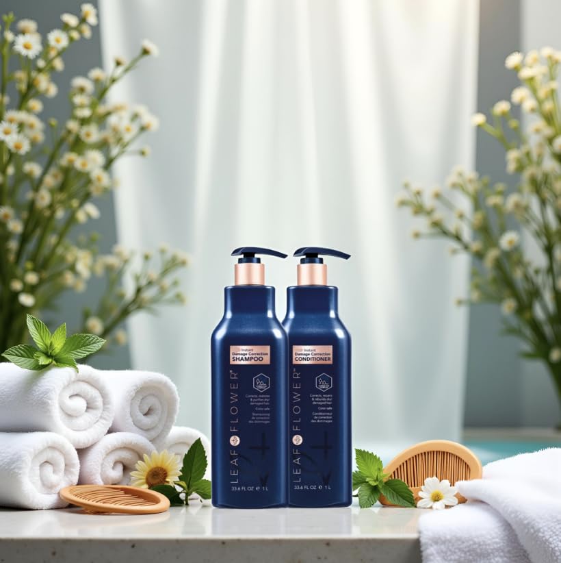 Leaf & Flower conditioner bottle back showing lightweight hydration for hair.