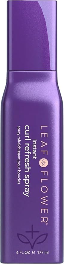 Leaf & Flower Instant Curl Refresh Spray bottle front view showing hydrating curls.