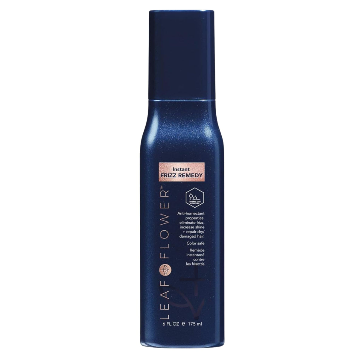 Leaf & Flower Instant Frizz Remedy bottle on vanity, ready to smooth frizz on contact