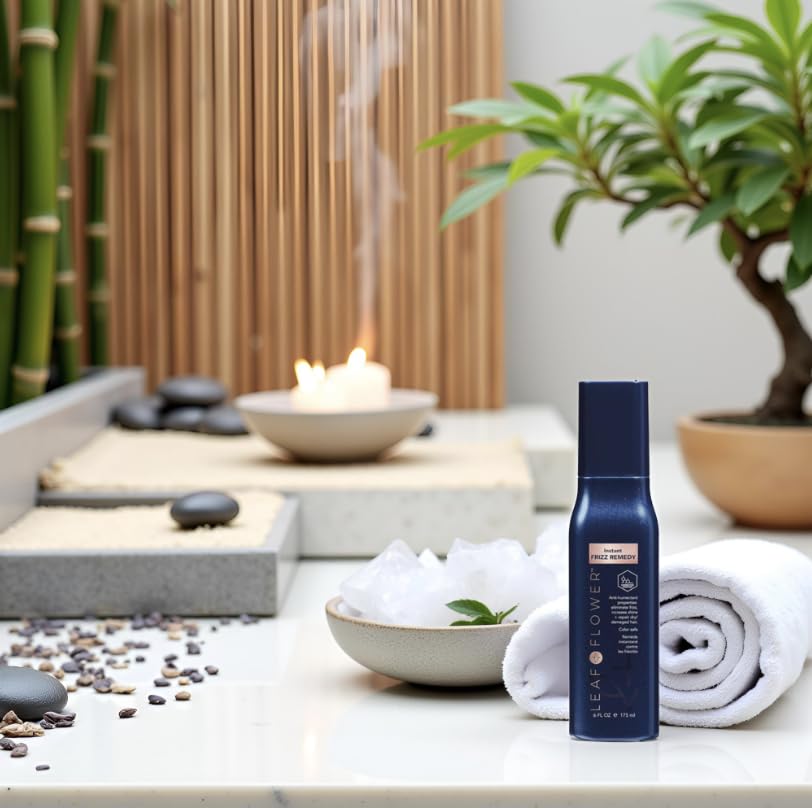 Leaf & Flower Instant Frizz Remedy applied to damp hair for shine