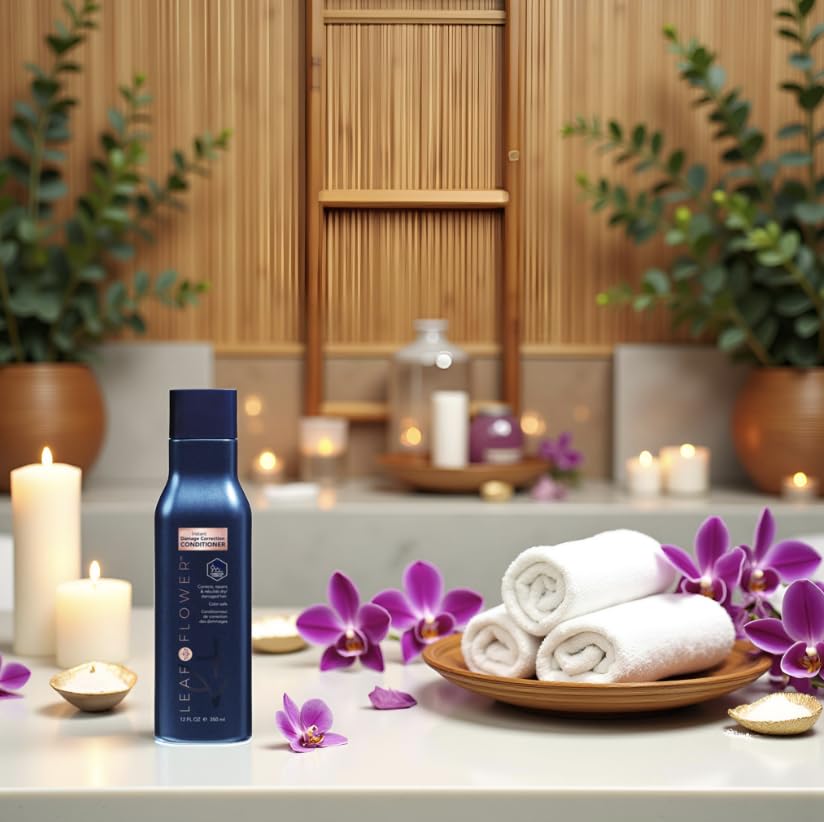 Close-up of the conditioner bottle highlights the blue packaging and premium formulation.