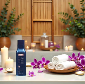 Close-up of the conditioner bottle highlights the blue packaging and premium formulation.