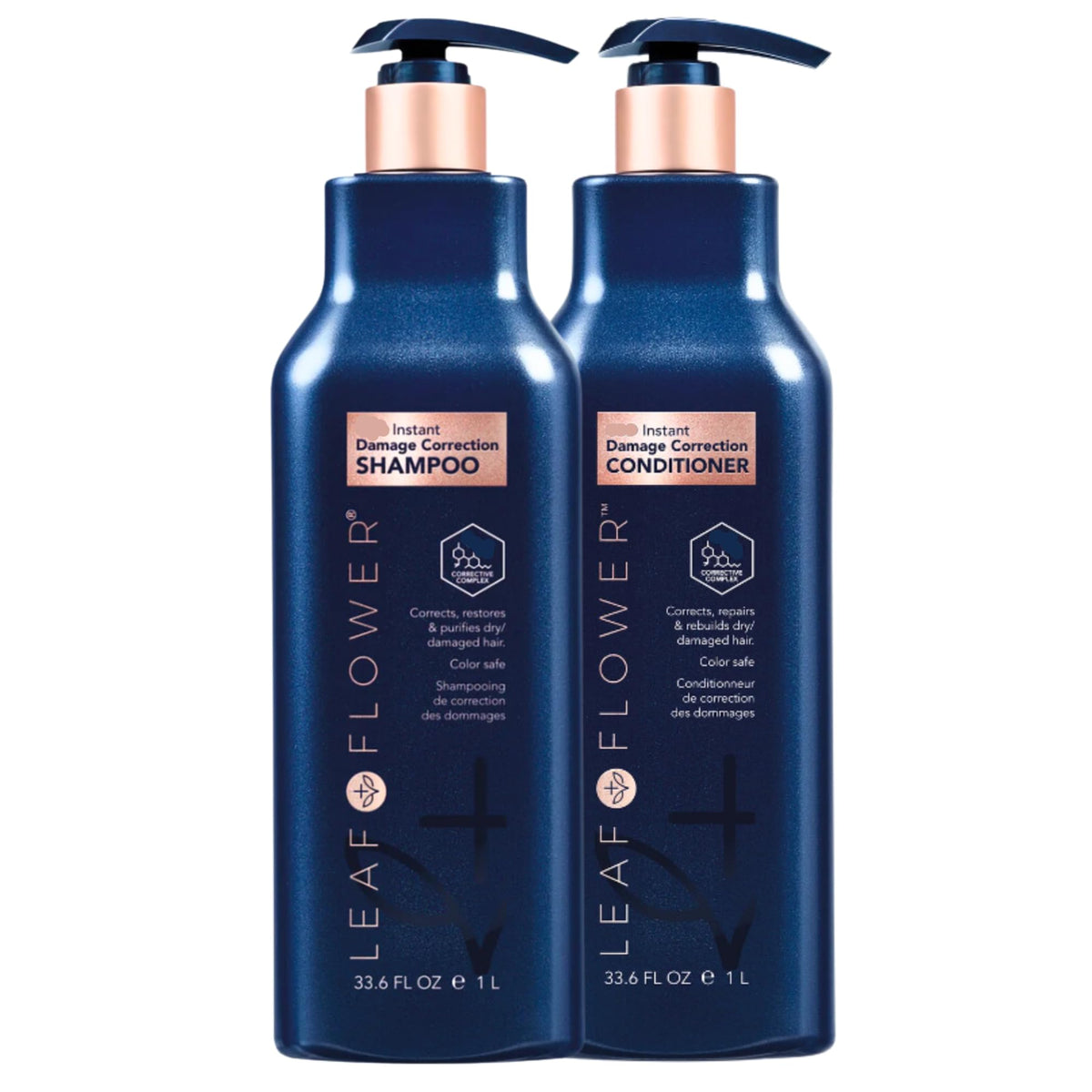 Leaf & Flower shampoo bottle front in blue packaging, gentle cleansing for the scalp.