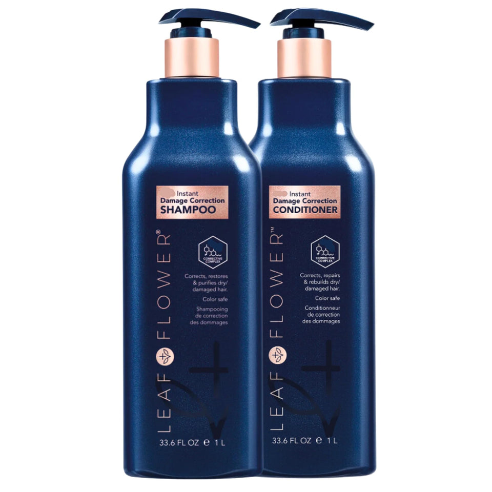 Leaf & Flower shampoo bottle front in blue packaging, gentle cleansing for the scalp.