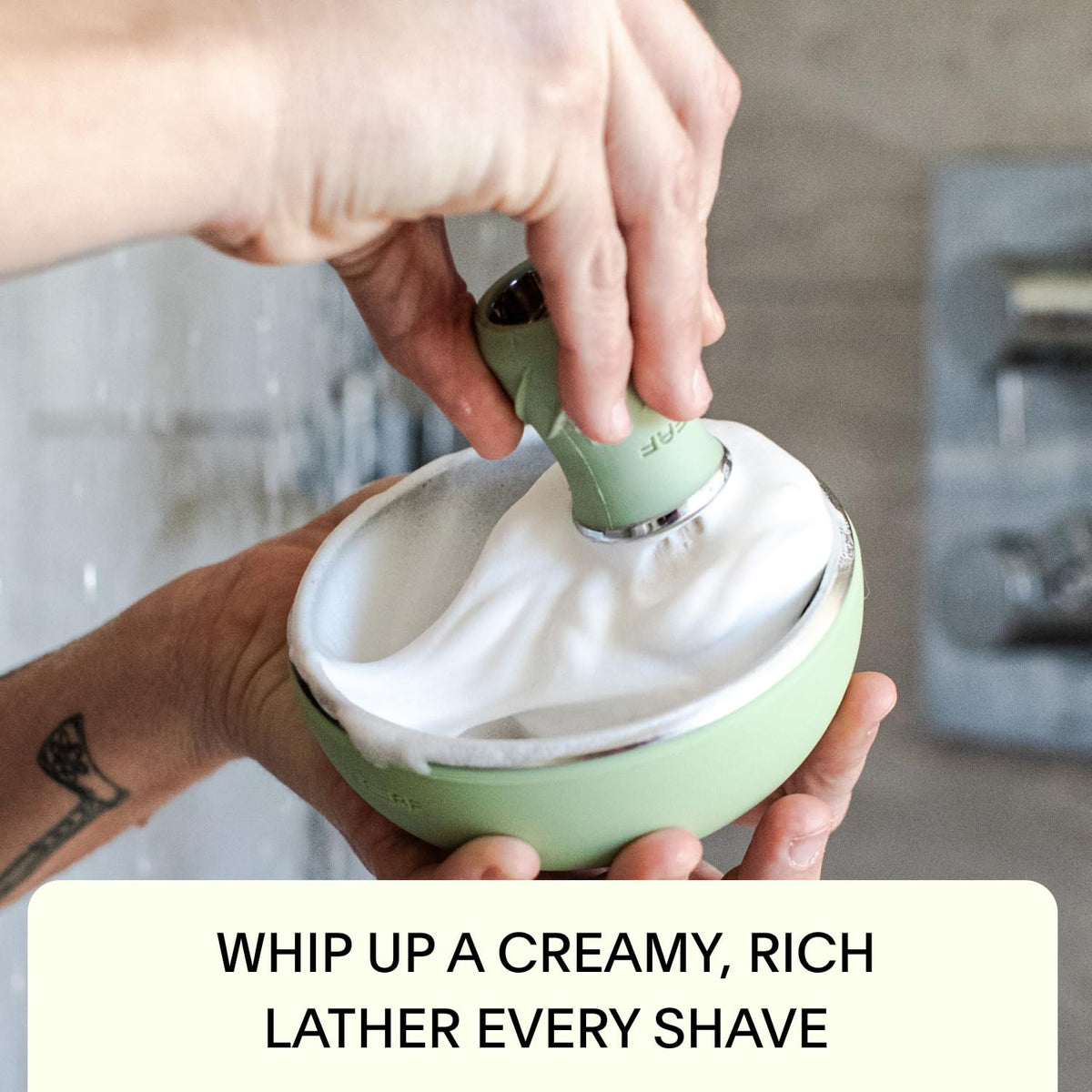 Leaf Shave lather brush with aeration fins for thick, even foam during every pass.