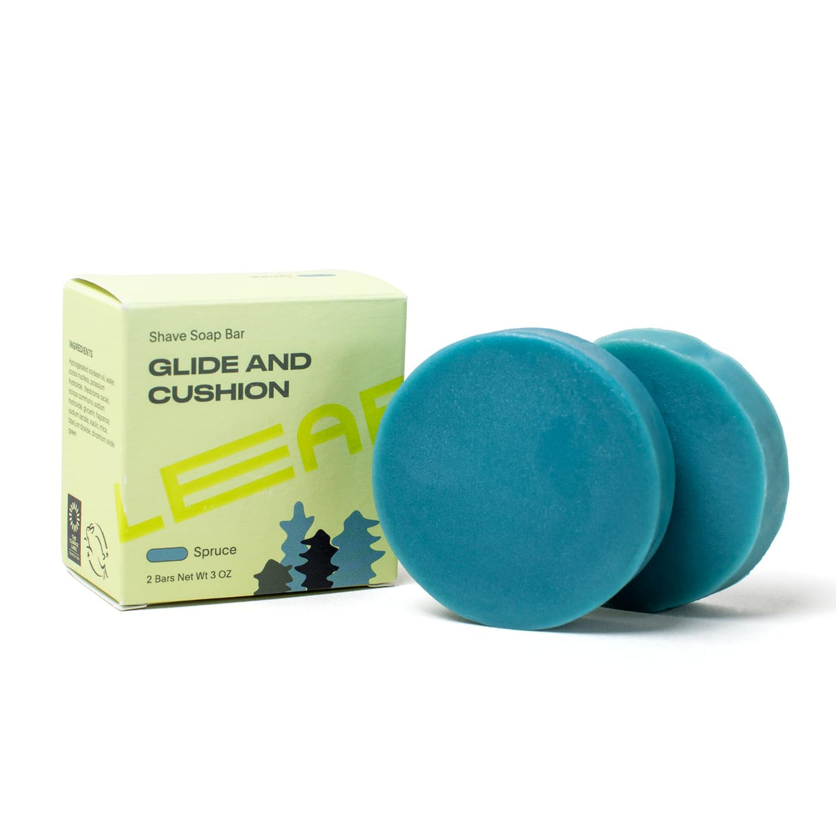 Leaf Shave spruce shave soap bar packaging emphasizes plastic-free, eco-friendly design