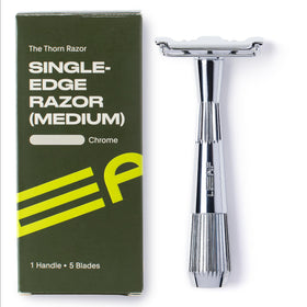 Leaf Shave Thorn razor with fixed-head angle for precise detailing.